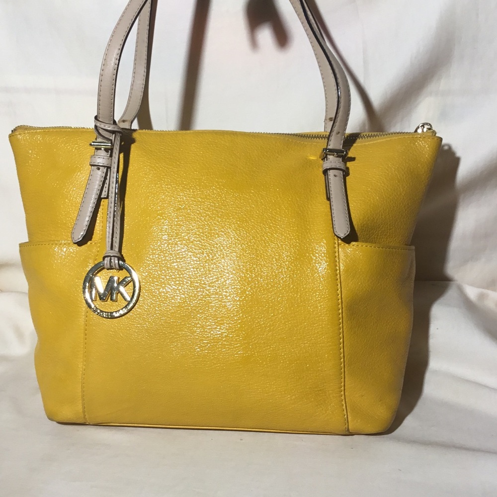 Michael Kors Yellow Leather Tote with Beige Straps and MK Charm